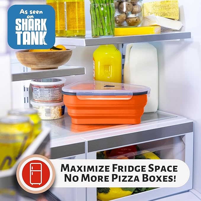 PIZZA PACK The Perfect Reusable Pizza Storage Container with 5 Microwavable Serving Trays - BPA-Free Adjustable Pizza Slice Container to Organize & Save Space, Orange 4 pk