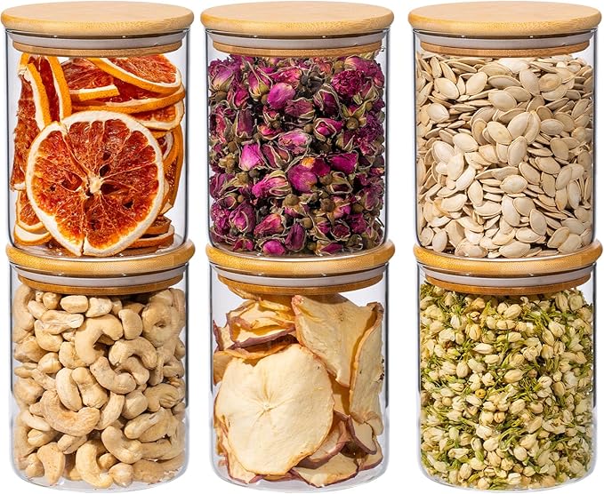 25oz 6PCS Round Airtight Glass Food Storage Jars, Clear Glass Food Storage Container with Bamboo Lid, Stackable Spice Jar, Kitchen Canister for Sugar, Tea, Coffee bean, Pasta, Oat, Spice