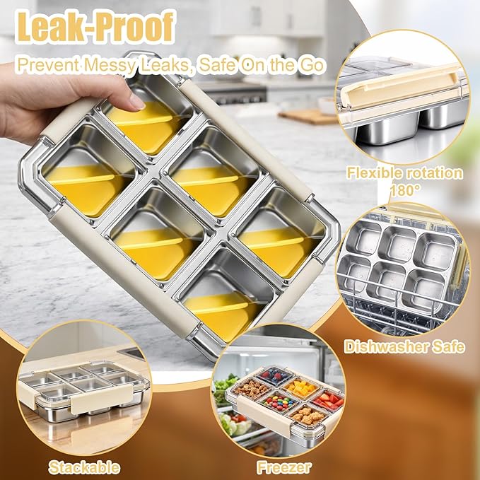 Palksky Snack Box Stainless Steel 6 Compartment, Reusable Snack Containers with Lids, Portion Control Snack Boxes for Adults, Ideal for Office Desk, Travel, Picnic & Fitness, 2 Packs