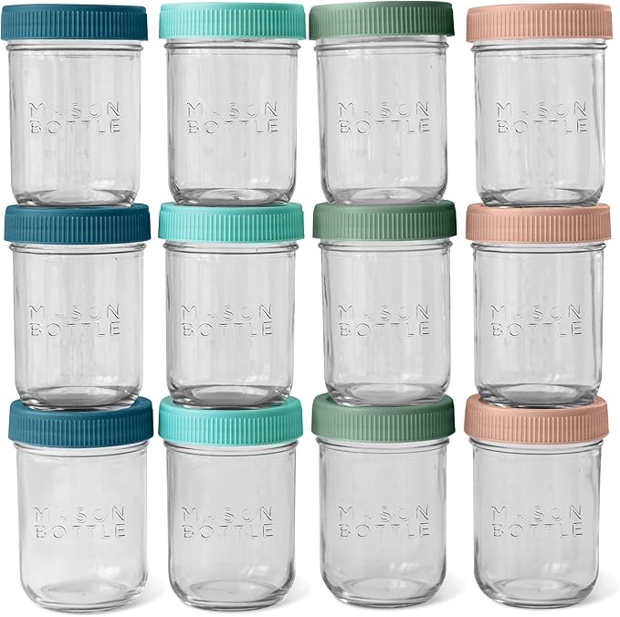 Mason Bottle 8oz Breast Milk Storage Jars (12-Pack) – Reusable Glass Baby Food Containers with Lid for Baby Formula & Breastmilk – Airtight, Stackable, Freezable (Deep Ocean)