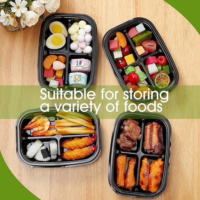 Chunful 36 Pcs 4 Compartment Black Snack Containers with Lids Disposable Bento Box Plastic Food Meal Prep Containers for Condiment Salad Dipping School Work Lunch