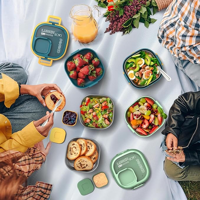 PEDECO Double-Layer Bento Lunch Box for Kids & Adults with Removable Stainless Steel Dividers,Dressing Container,BPA-Free,Dishwasher Safe - Includes Utensil,(Green,Non-Insulated)