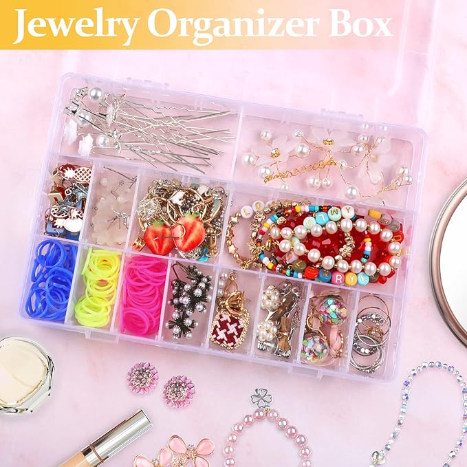 2 Pack 24 Grids Clear Plastic Organizer Box, Storage Container with Adjustable Divider, Craft and Bead Storage Organizer Box for DIY Jewelry Tackles with 2 Sheets Label Stickers