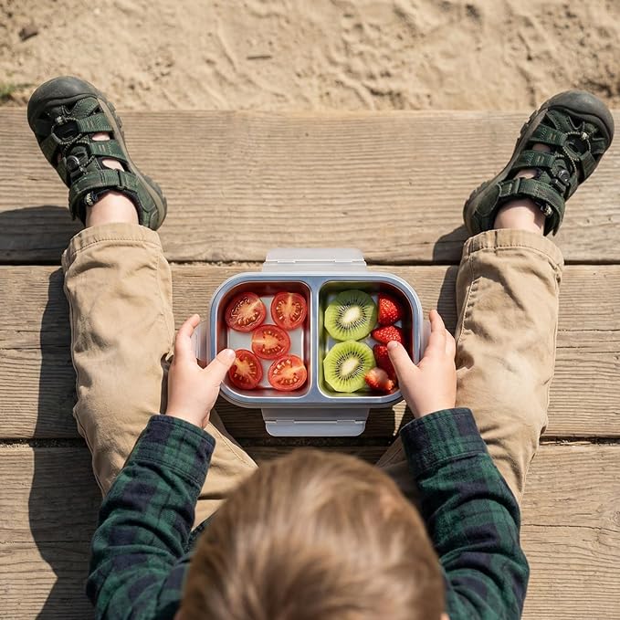 4 Pack Stainless Steel Snack Containers, 2 Compartment Reusable Metal Snack Boxes Containers with Leak-Proof Lids, Compact Lunch Box Food Storage Container