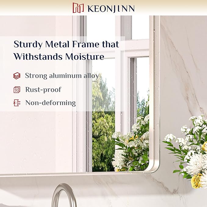 Keonjinn 42 x 36 Brushed Nickel Bathroom Vanity Mirror, Large Rounded Rectangle - Image 7