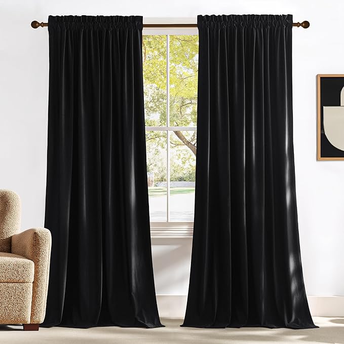 NICETOWN Black Velvet Blackout Curtains, Solid Heavy Matt Rod Pocket by NICETOWN