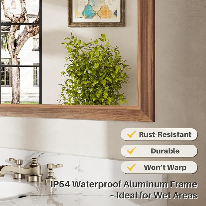 24x32 Inch Bathroom Mirror for Wall, Anti-Rust Walnut Wood Grain Metal Framed - Image 4