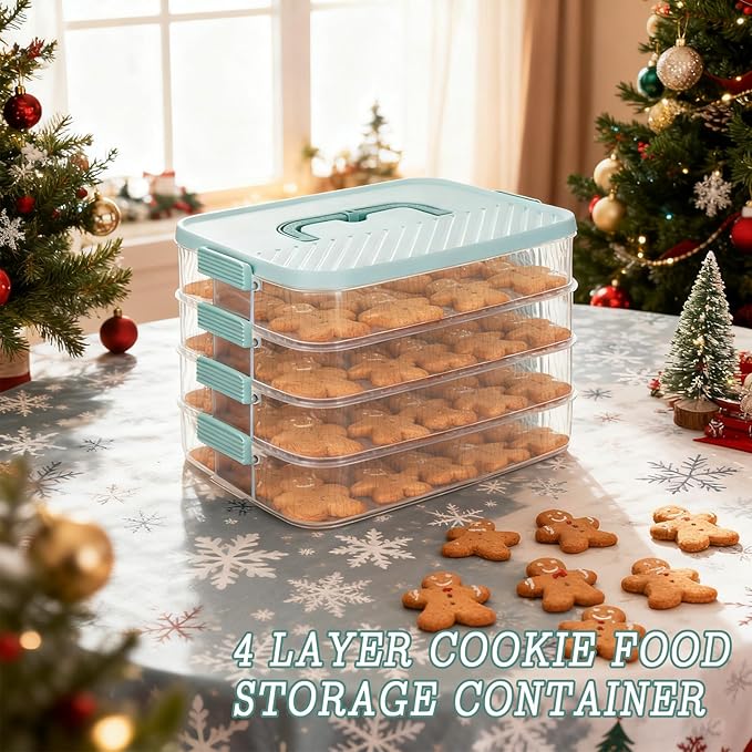 4-Layer Stackable Cookie Airtight Storage Containers with Lids, Portable Plastic Cookie Storage Case Snack Containers for Desserts, Cupcakes, Snacks, Dumplings, Fruit- Blue Lid