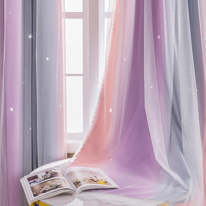 XiDi Curtains for Bedroom Decor, Rainbow GreyPinkPu-52-54 - Image 3