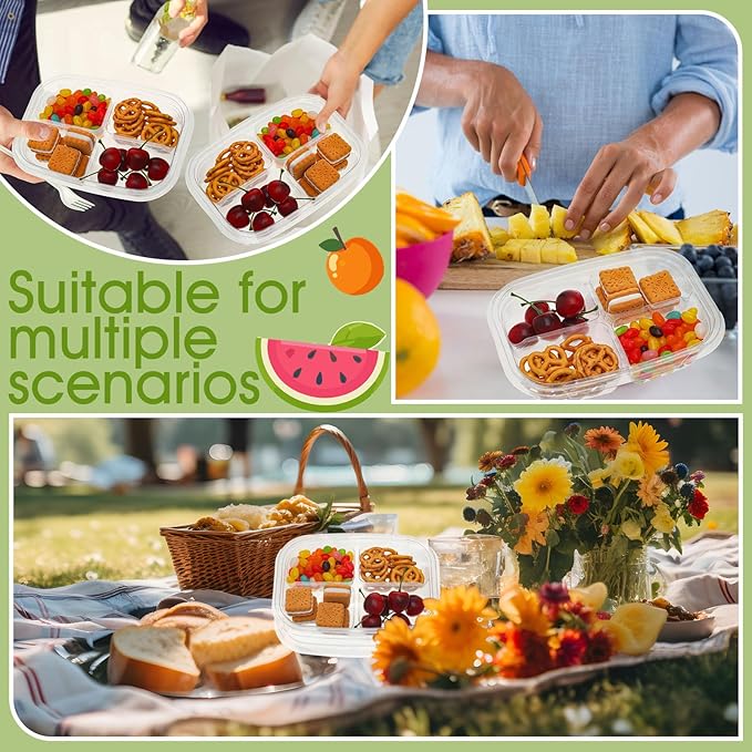 Chunful 36 Pcs 4 Compartment Transparent Snack Containers with Lids Disposable Bento Box Plastic Food Meal Prep Containers for Condiment Salad Dipping School Work Lunch