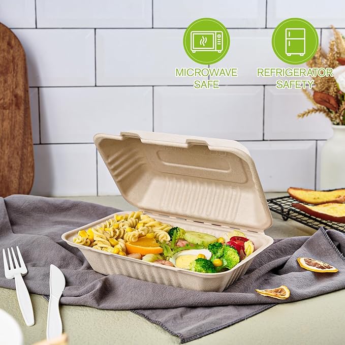 ECOLipak 75 Pack Clamshell Take Out Food Containers, 100% Compostable To Go Containers Disposable, 9X6 inch Heavy-Duty To Go Boxes, Eco-Friendly Biodegradable To Go Containers For Food