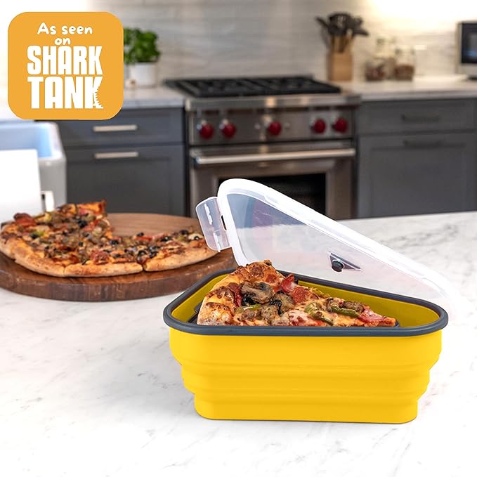 The Perfect Pizza Pack™ - Reusable Pizza Storage Container with 5 Microwavable Serving Trays - BPA-Free Adjustable Pizza Slice Container to Organize & Save Space, Yellow