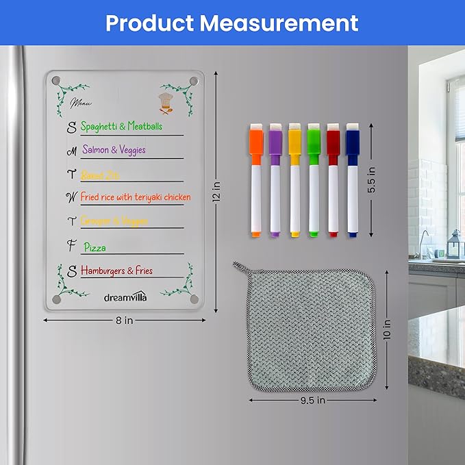 Acrylic Magnetic Menu Planner for Refrigerator – Dry Erase Board for Fridge with Markers, Clear Weekly Meal Planning Board, Kitchen Organizer for Grocery & Shopping List