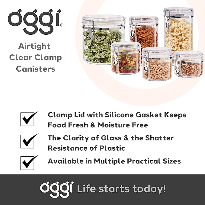 Oggi Large Clear Canister with Clamp Lid, 72 oz - Large Airtight Food Storage Container, for Kitchen & Pantry Storage of Bulk, Dry Foods, Pasta, Flour, Sugar, Coffee, Rice, Tea, Spices & Herbs
