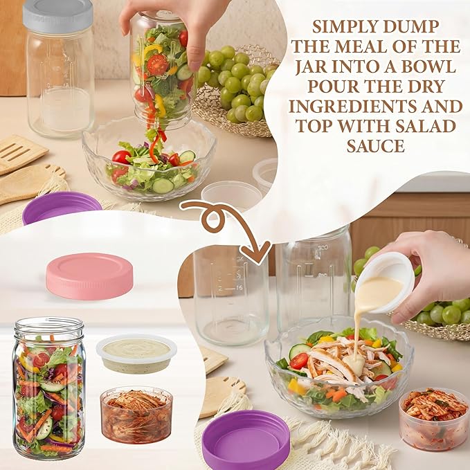 6 Pack 32oz Glass Salad Jars with 2 Dressing Cups & Leak Proof Lids - Meal Prep Containers for Lunch, Wet Dry Separation Container for Work Office Picnic, Overnight Oats(Pastel Color)