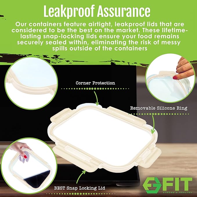 FIT Strong & Healthy 2 & 3 Compartments Glass Meal Prep Containers – Portion Control Containers, Food Storage w/Lids, Freezer Safe, Leak-Proof Glass Lunch Box with Compartments, 32 oz, Beige, 4 Pack