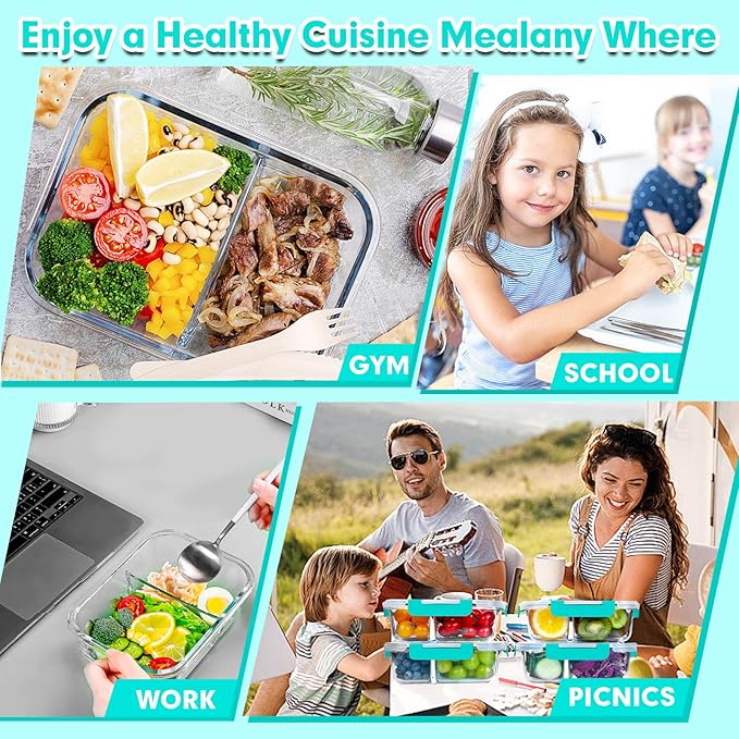 VERONES 5 Pack Glass Meal Prep Containers 2 Compartment Set, 36OZ Airtight Glass Lunch Containers, Glass Food Storage Containers with Lids, for Microwave, Oven, Freezer & Dishwasher Friendly,Green