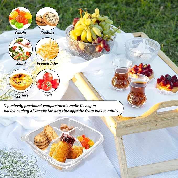 20 Pack Clear Bento Snack Food Containers, 4 Compartment Meal Prep Containers with Lids for School and Work