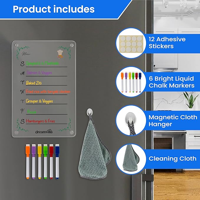 Acrylic Magnetic Menu Planner for Refrigerator – Dry Erase Board for Fridge with Markers, Clear Weekly Meal Planning Board, Kitchen Organizer for Grocery & Shopping List