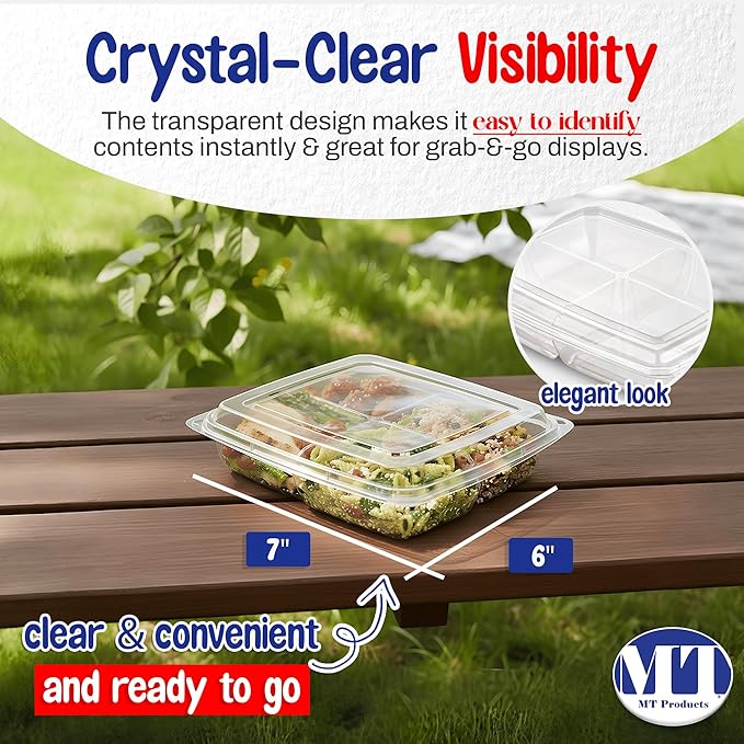 MT Products Clear Plastic 4 Compartment Tamper Evident Lunch Container 6" x 7" - Disposable Bento Box (Pack of 15) - Made in USA
