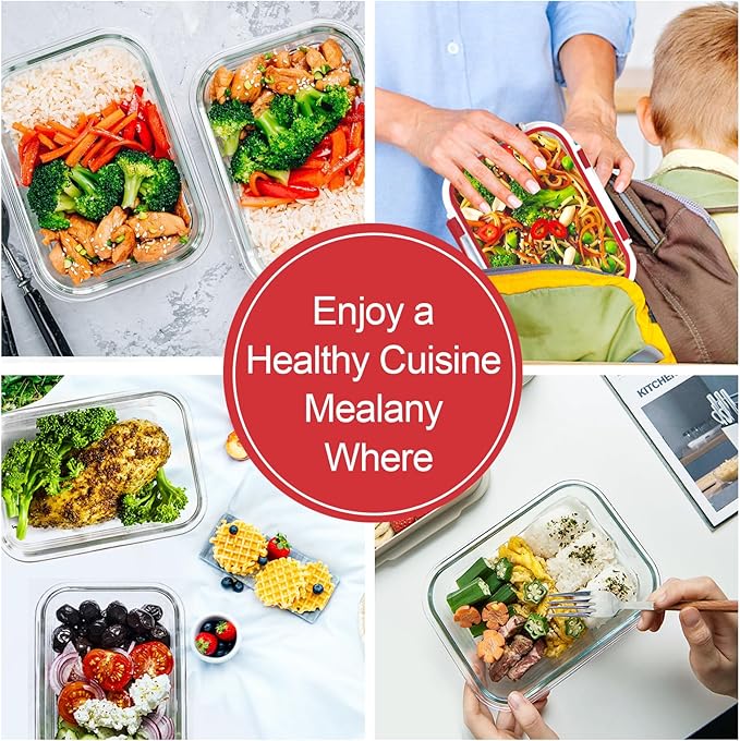 VERONES 10 Pack 22 OZ Glass Meal Prep Containers, Airtight Glass Lunch Containers Set, Glass Food Storage Containers with Lids,Exclusive of BPA, for Microwave, Oven, Freezer & Dishwasher Friendly,Red