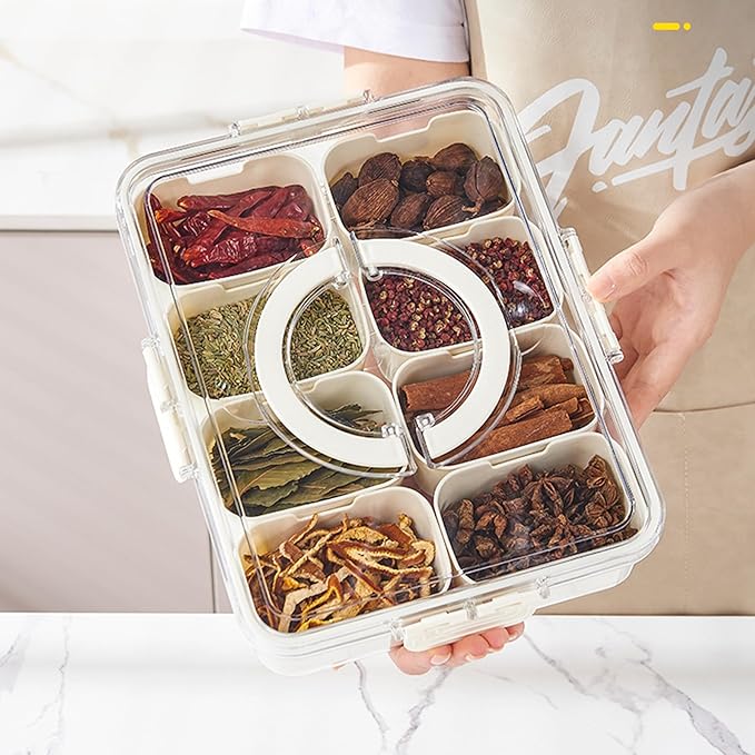Plastic Divided Serving Tray with Lid and Handle Snack Box Charcuterie Container Portable Snack Platters Organizer for Candy, Fruits, Snacks, Nuts, for Party, Entertaining (White 8 compartments)