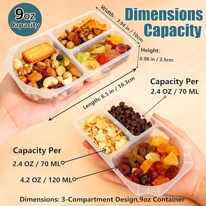 9 OZ New Snack Containers & Reusable Snack Containers with Lids for Kid,Snack Pack Containers ,Small 3 Compartment Condiment Containers,Perfect for Snacks, Condiments, Meals Prep & On-the-Go (10 Sets)