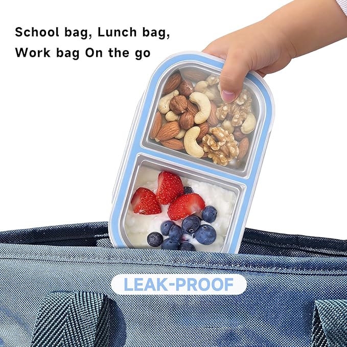 4 Pack Stainless Steel Snack Containers, 2 Compartment Reusable Metal Snack Boxes Containers with Leak-Proof Lids, Compact Lunch Box Food Storage Container