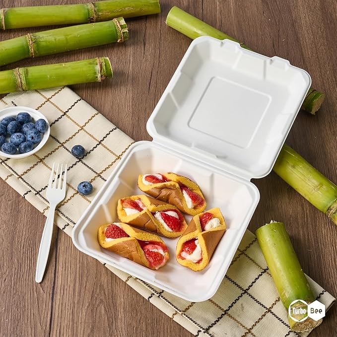 Turbo Bee 100 Pack 8x8inch White Compostable Take Out Containers with Lids, Disposable Clamshell Food Containers, Large To Go Boxes for Restaurant, Catering, Meal Prep & Food Service-White