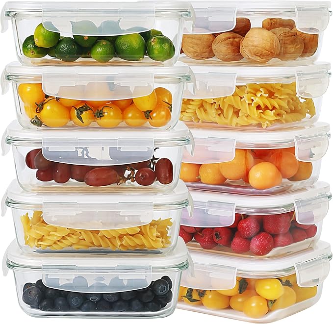 DAS TRUST 10 Pack Glass Meal Prep Containers Meal Prep Bowls Food Storage Containers Glass Food Prep Containers with Lids Lunch Container for Adults Lunch Box Bento Boxes