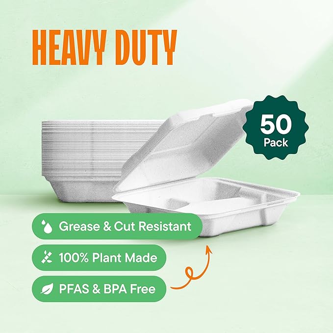 Eco-Friendly Meal Prep Containers 3 Compartment [50-Pack 8x8x3"] Disposable to go Clamshell Food Containers Secure Snap Hinged Lid, Microwave Safe Take Out Lunch Boxes, Made from Renewable Materials