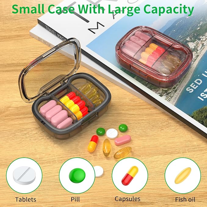 2 Pack 3 Compartment Small Pill Box, Moisture Proof Pill Case, Travel Pill Organizer for Pocket Purse, Daily Portable Medicine Vitamin Box, Fish Oil Box, Supplement Box (Black+Orange)