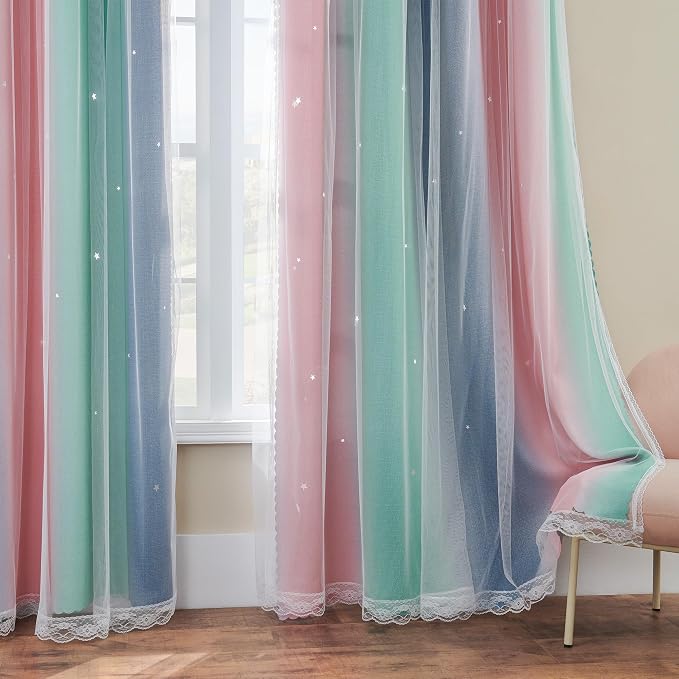 XiDi Curtains for Bedroom Decor, Rainbow Pinkgreen grey52/96 - Image 4