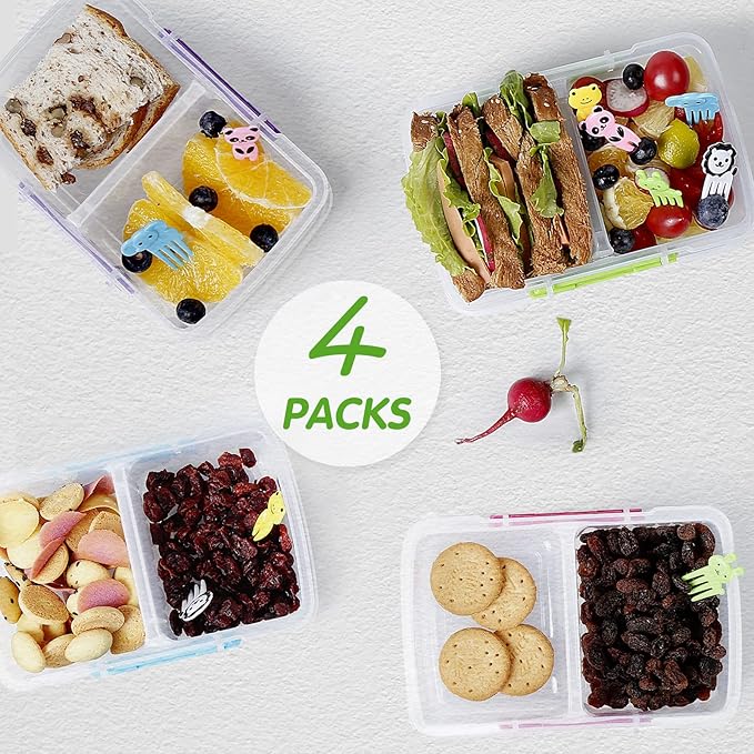 4 Pack Plastic Snack Containers with Lids, 2 Compartment Food Container for Kids Snack Box, Travel Bento Lunch Containers with forks for Fruits/Candies, Divided Food Storage Containers for School