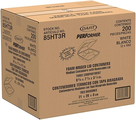 DART 85HT3R Med Perforated 3 Comp Foam Hinged Container, 8.5 Inches (Case of 200), original version,White