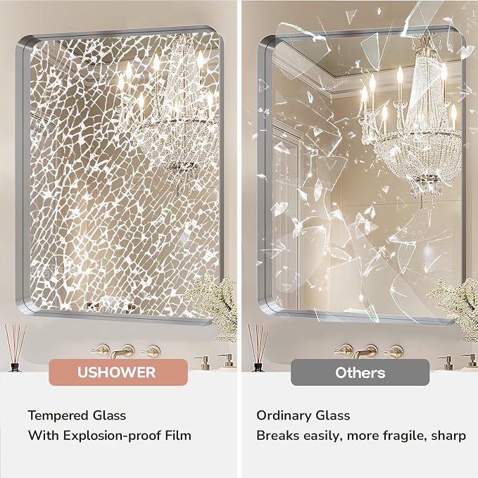USHOWER Brushed Nickel Bathroom Mirrors 24"x36" 2 Pack, Rounded Corner - Image 3