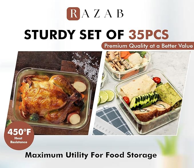 Razab 35 Pc Set Glass Food Storage Containers with Lids - Meal Prep Airtight Bento Boxes BPA-Free 100% Leak Proof (15 lids,15 glass & 5 Plastic Sauce/Dip Containers)