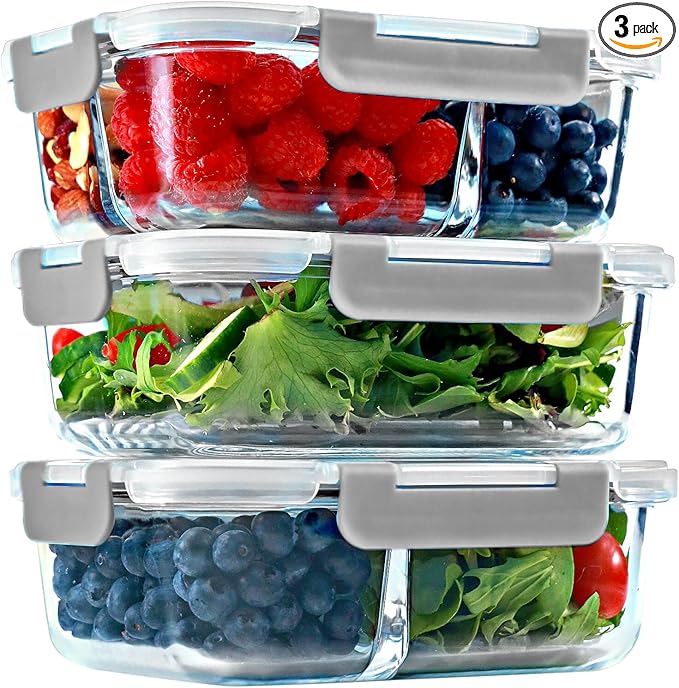 FIT Strong & Healthy Meal Prep Containers Glass, 1 & 2 & 3 Compartments – Portion Control Bento Box Adult, Glass Lunch Containers with Lids, Oven & Freezer Safe Bento Box, 35 oz, Gray, 3 Pack