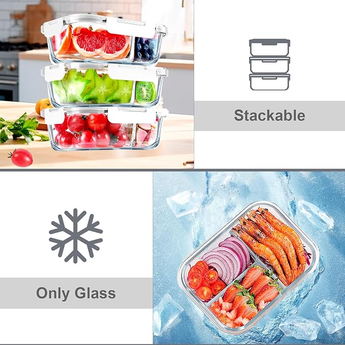 VERONES 5 Pack Glass Meal Prep Containers 3 Compartment Set, 36OZ Airtight Glass Lunch Containers, Food Storage Containers with Lids, for Microwave, Oven, Freezer & Dishwasher Friendly,White