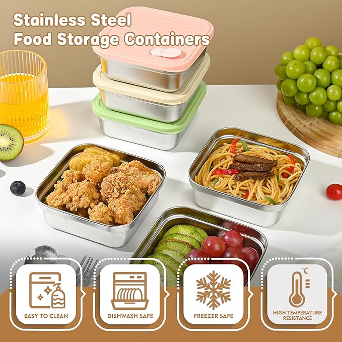 CLWVPCOT 4 Pack Sandwich Containers, 20oz Reusable Stainless Steel Food Storage Containers with Lids, BPA-Free, Dishwasher Safe, Meal Prep Lunch Box for Snacks & Fruits (Yellow, Green)