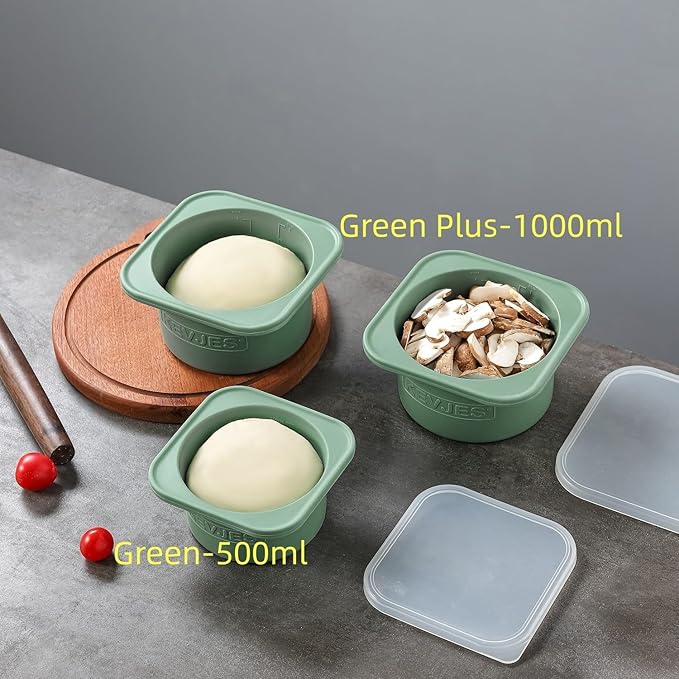 PLUS-Large 1000ml Pizza Dough Proofing Boxes for DIY Artisan Pizza, Food Grade Silicone Stackable Containers with Lids, Sturdy Reinforced Steel. Freezer, Fridge, Dishwasher Safe (5Green Plus)