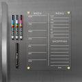 Magnetic Acrylic Meal Planner, Menu & Shopping List Board for Fridge, 9” x 12” Clear Refrigerator Organizer, Includes 4 Magnetic Wet-Erase Markers, Black Corner Magnets