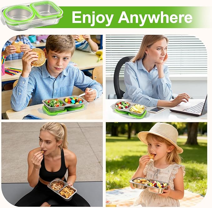 2Pack Stainless Steel Snack Containers with Lids, 13oz 2 Compartment Snackle Box, Leakproof Reusable Bento Box Metal Lunch Container Food Storage for Travel, Picnics, Office (Green)