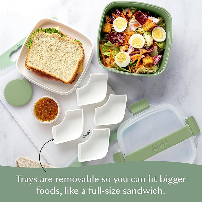 Goodful Stackable Lunch Box Container, Bento Style Food Storage with Removeable Compartments for Sandwich, Snacks, Toppings & Dressing, Leak-Proof and Made without BPA, 56-Ounce, Sage