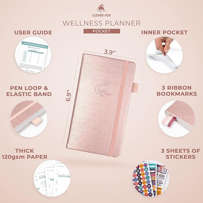 Clever Fox Wellness Planner - Weekly & Daily Health and Wellness Log, Food Journal & Meal Planner Diary for Calorie Counting, Notebook for Medical Condition Tracking – Pocket size (Rose Gold)