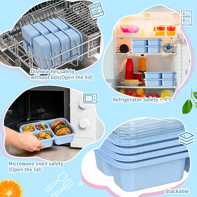 Large Capacity Bento Box for Adults, 4-Piece Set – Stackable Lunch Box with 4 Compartments, Microwave & Dishwasher Safe, Reusable Meal Prep Containers, Snack Containers for Kids & Adults (Blue)