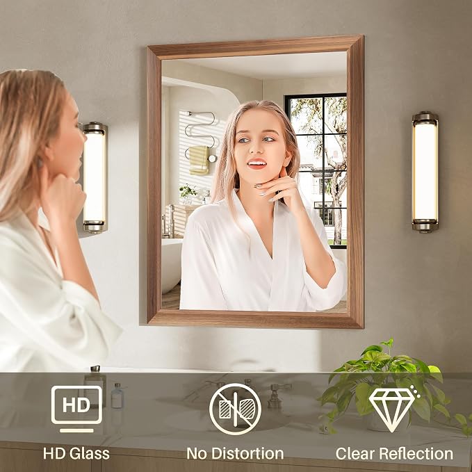 36x30 Inch Bathroom Mirror for Wall, Anti-Rust Walnut Wood Grain Metal Framed - Image 6
