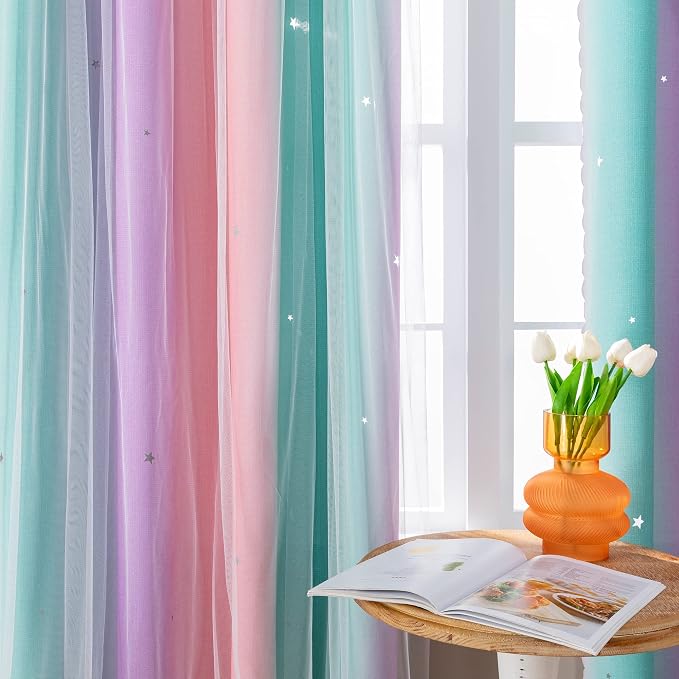 XiDi Curtains for Bedroom Decor, Rainbow PinkPuGreen-52-45 - Image 3