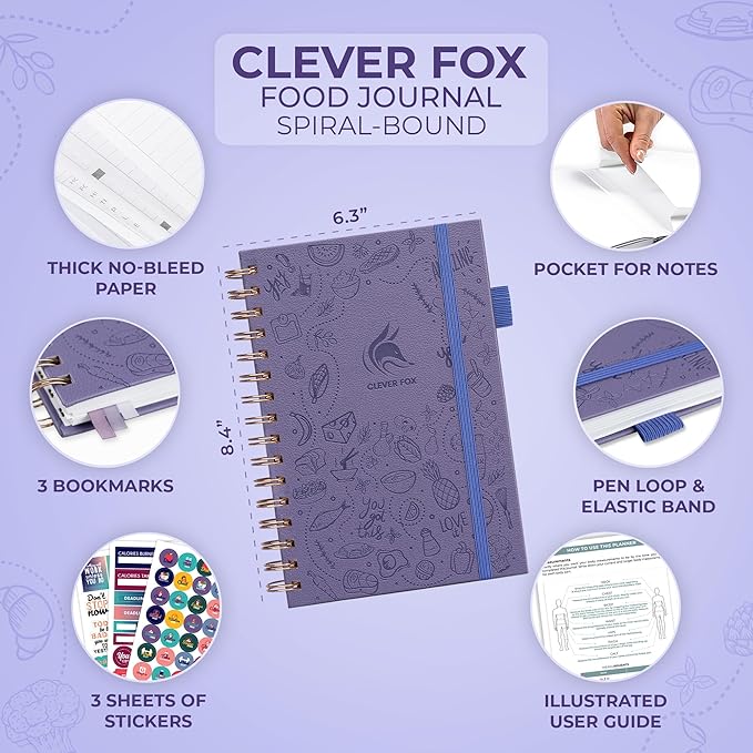 Clever Fox Food Journal Spiral - Daily Food Diary, Meal Prep Planner to Track Calories & Nutrients, Weight Loss Tracker Notebook (Lavender)