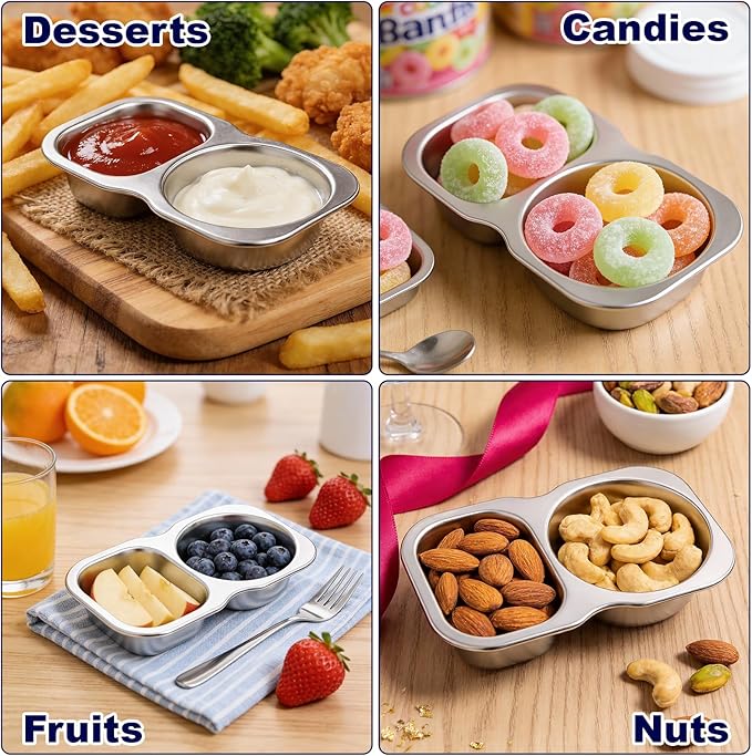 QCQHDU Snack Containers, 2-Compartment Small Stainless Steel Reusable Snack Boxes for Portion Control, Meal Prep Lunch Food Sauce Storage Lunchable Accessories Salad Dressing Containers to Go, 2 Pack
